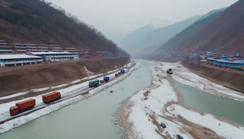 China nepal border port forest river snow truc