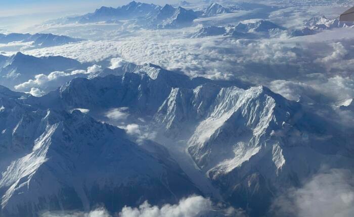 Snow mountain from air