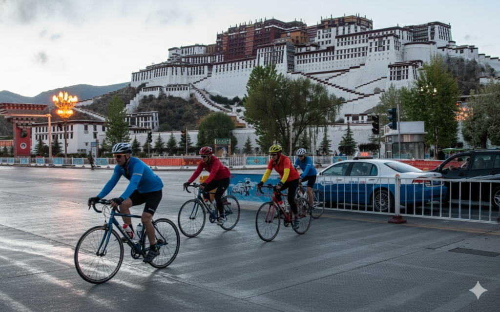 Cycling at front of Potala - Tour Travel Tibet: Expert Tibet Tours & Permits Cycling at front of Potala