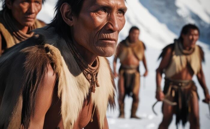 Default Denisovan men in Tibet wearing animal skins backgrouun 0