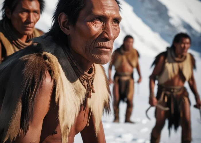 Default Denisovan men in Tibet wearing animal skins backgrouun 0