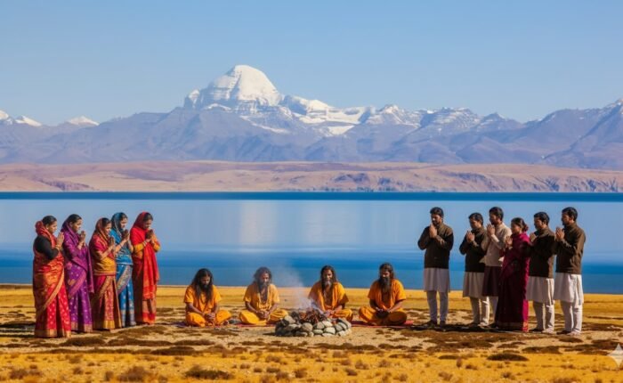 Indian people praying at front of Mount Kailash